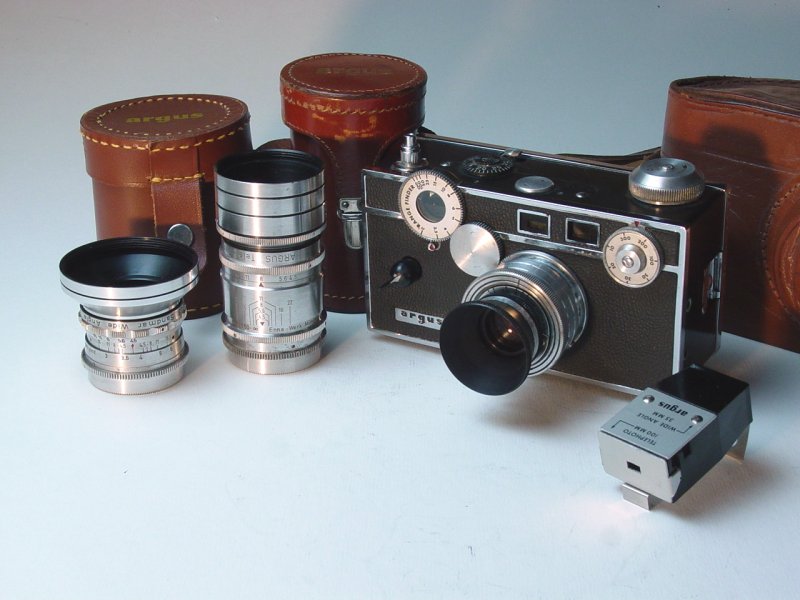 Argus C-3 with 35mm, 100mm, accessory finder, and cases
