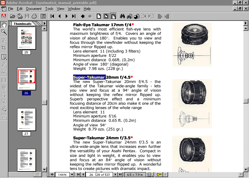 Lens section in many manuals - note highlighted search satisfier "Super-Takumar"