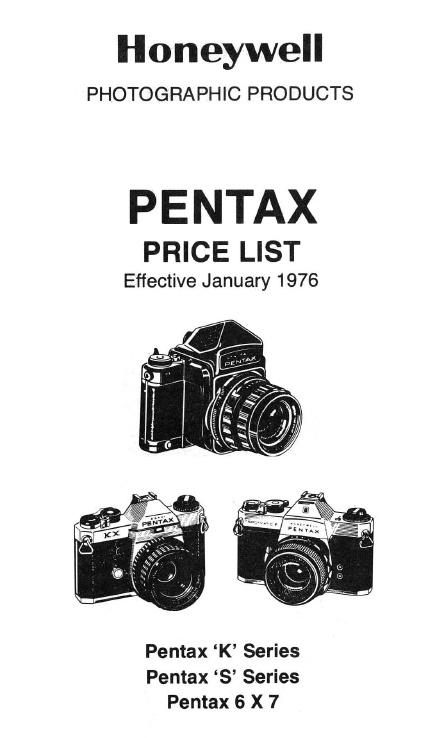 Honeywell Photographic Products Pentax Price List - January 1976