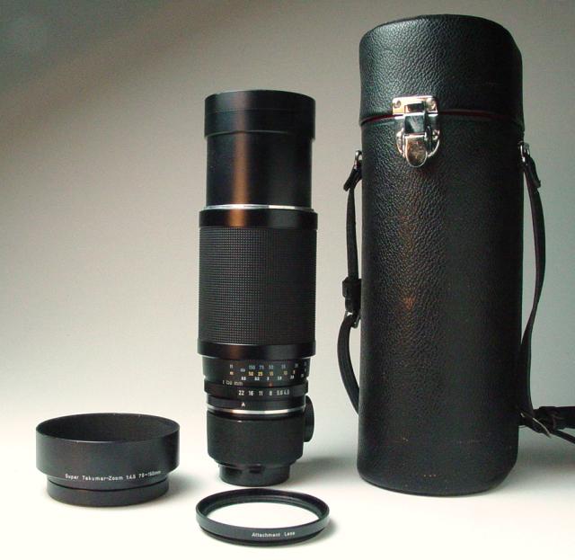 Super Takumar-Zoom 1:4.5/70~150 (first multi-coated Takumar), Accessory Lens, Hood and Case - Click to Enlarge