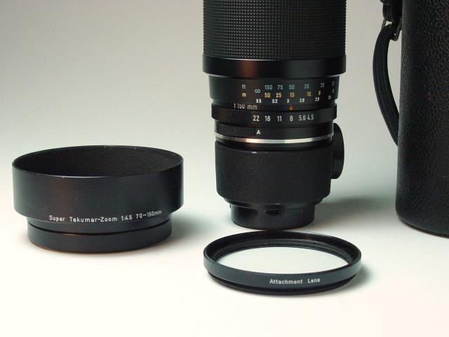 Super Takumar-Zoom 1:4.5/70~150 (first multi-coated Takumar), Accessory Lens, Hood and Case - Click to Enlarge
